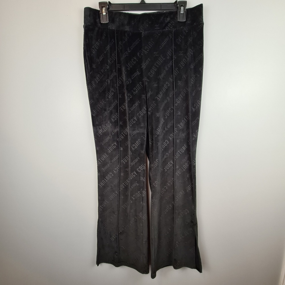 Juicy Couture Black Velour All Over Logo Flare Pants Size L Womens Pull On flare
